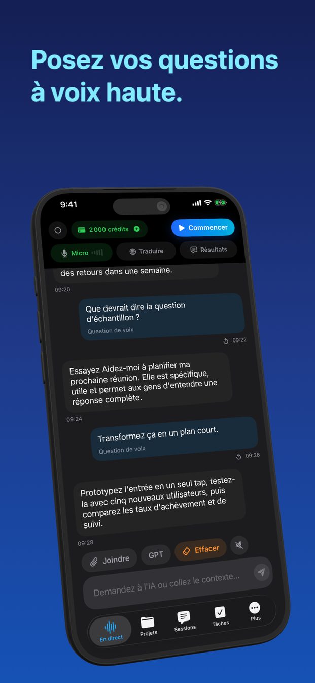 GPT Realtime Assistant sur iPhone : l'écran En direct avec une transcription, une réponse de l'assistant et le solde de crédits.