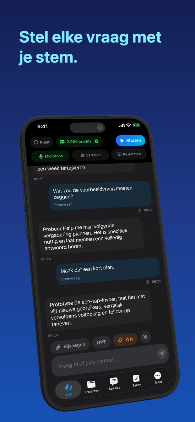 GPT Realtime Assistant op iPhone: het Live-scherm met een transcriptie, een antwoord van de assistent en het creditsaldo.