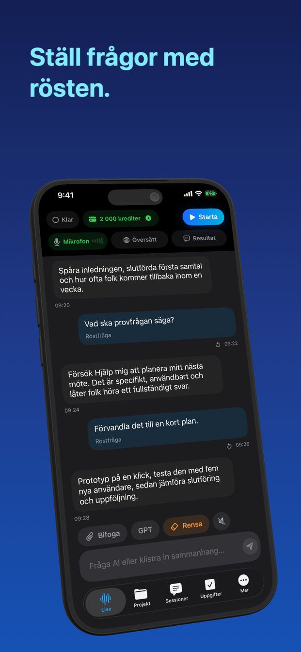 GPT Realtime Assistant på iPhone: Live-skärmen med ett transkript, ett svar från assistenten och kreditsaldot.