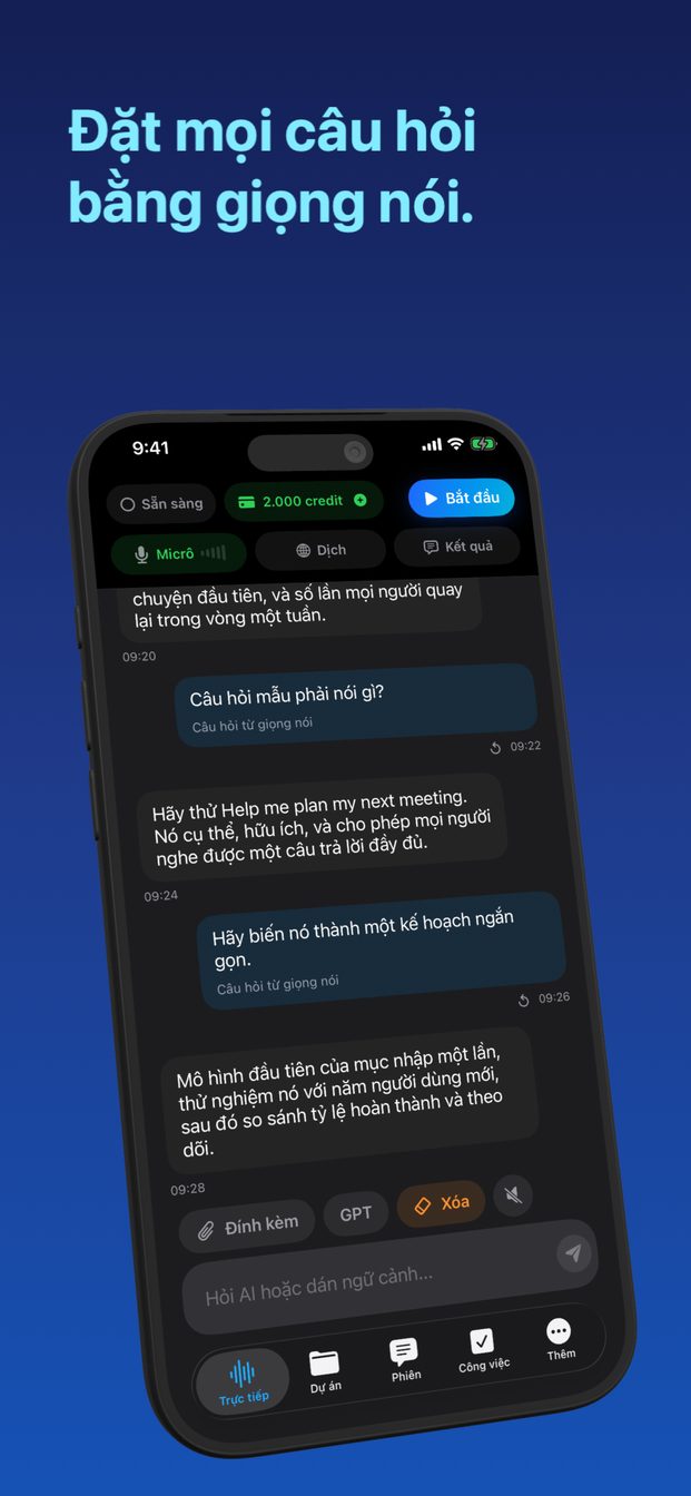 GPT Realtime Assistant trên iPhone: màn hình Trực tiếp với bản ghi lời thoại, một câu trả lời của trợ lý và số dư tín dụng.